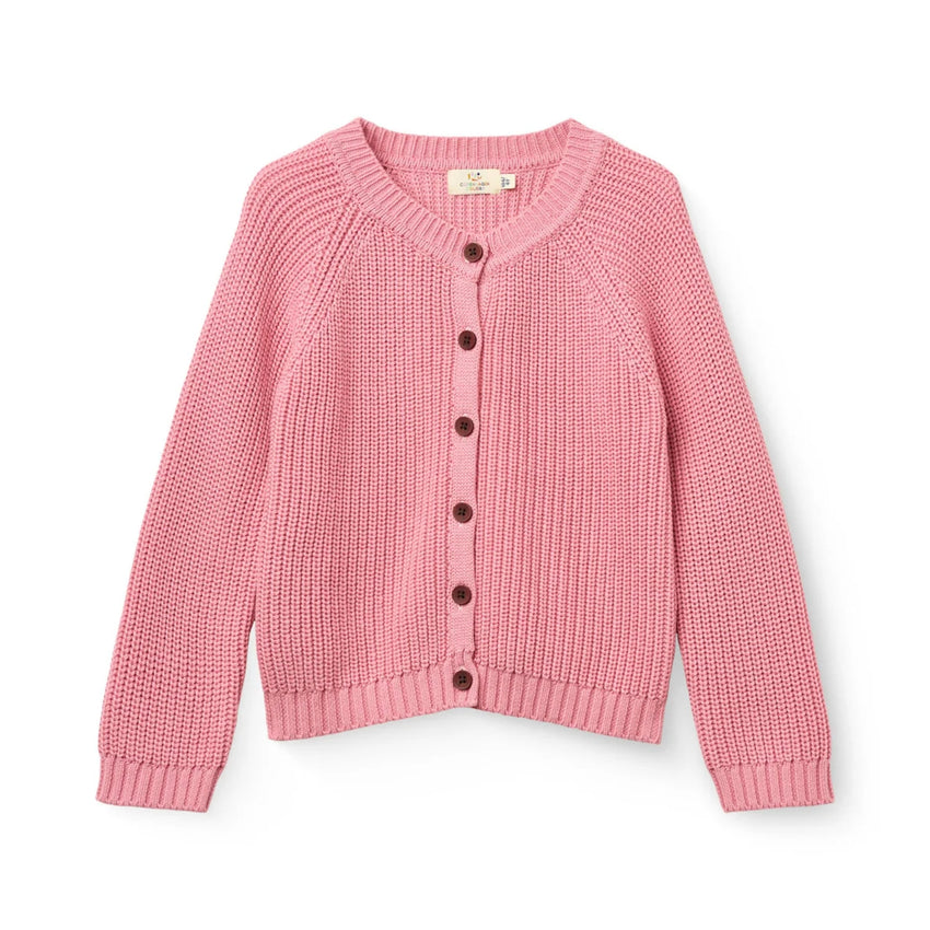 Pink knitted cardigan sweater with buttons down the front on a white background.