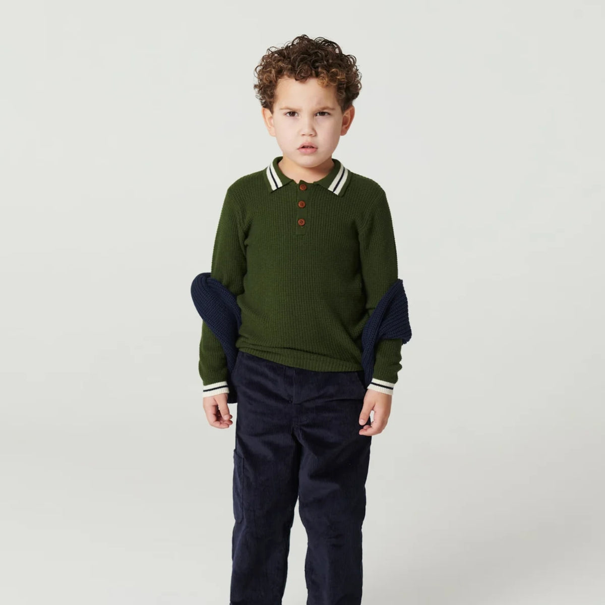 Dark Green Waffle Polo LS