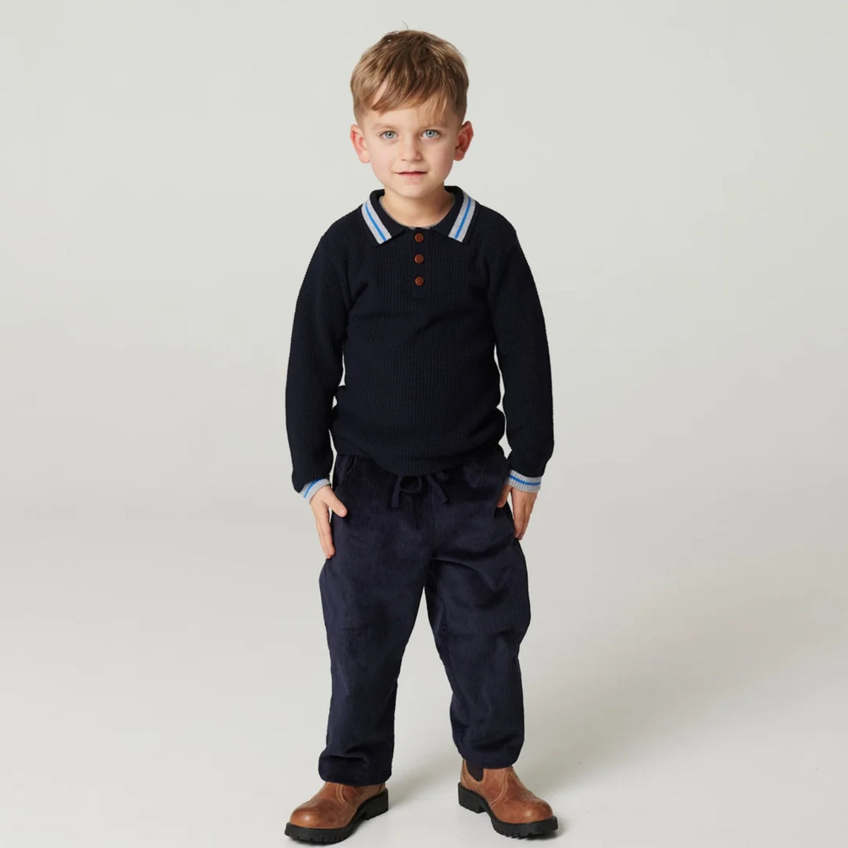 Navy Waffle Polo LS