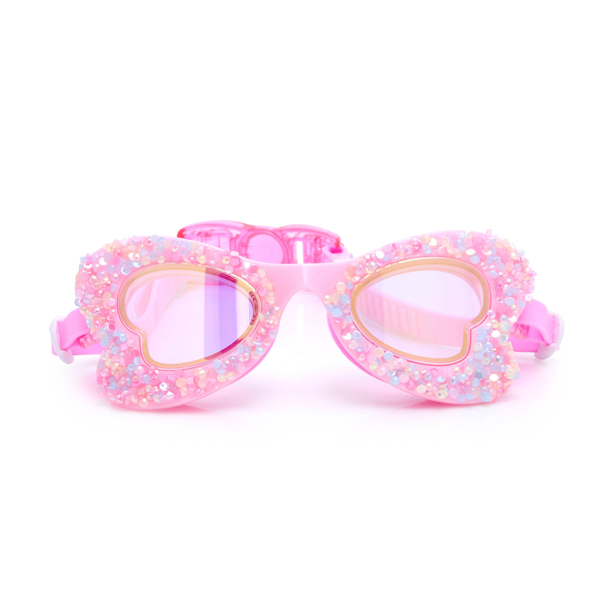 Pink heart-shaped swim goggles with glittery finish on a white background.