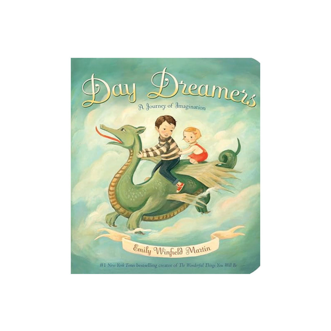 Book cover of 'Day Dreamers' with two children riding a dragon in the clouds.