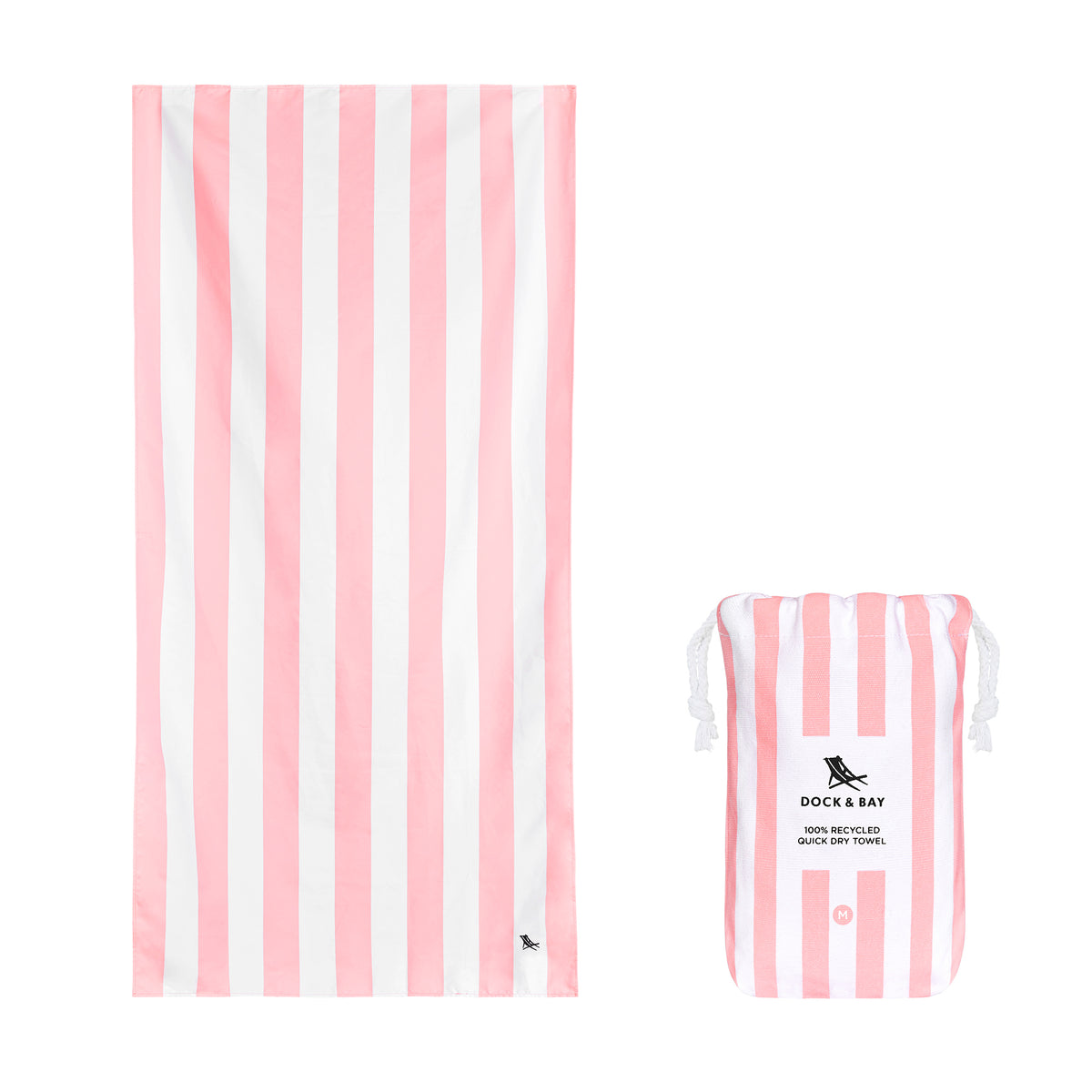 Pink and white striped towel with matching pouch on a white background.