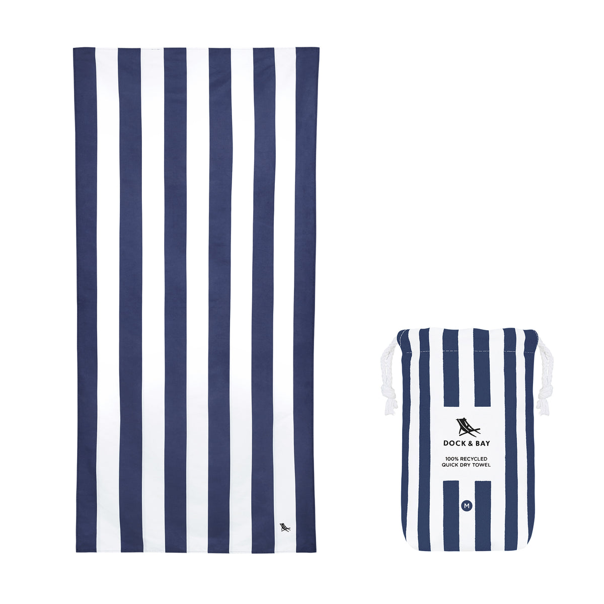 Navy and white striped beach towel with a smaller striped bag on a white background.