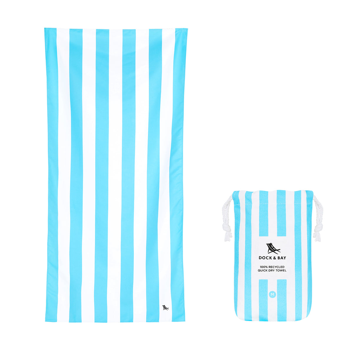 Blue and white striped beach towel with a matching bag on a white background.