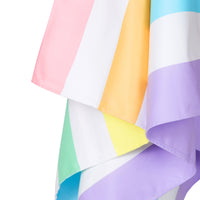 Colorful beach towel in multi-colored stripes on a white background.