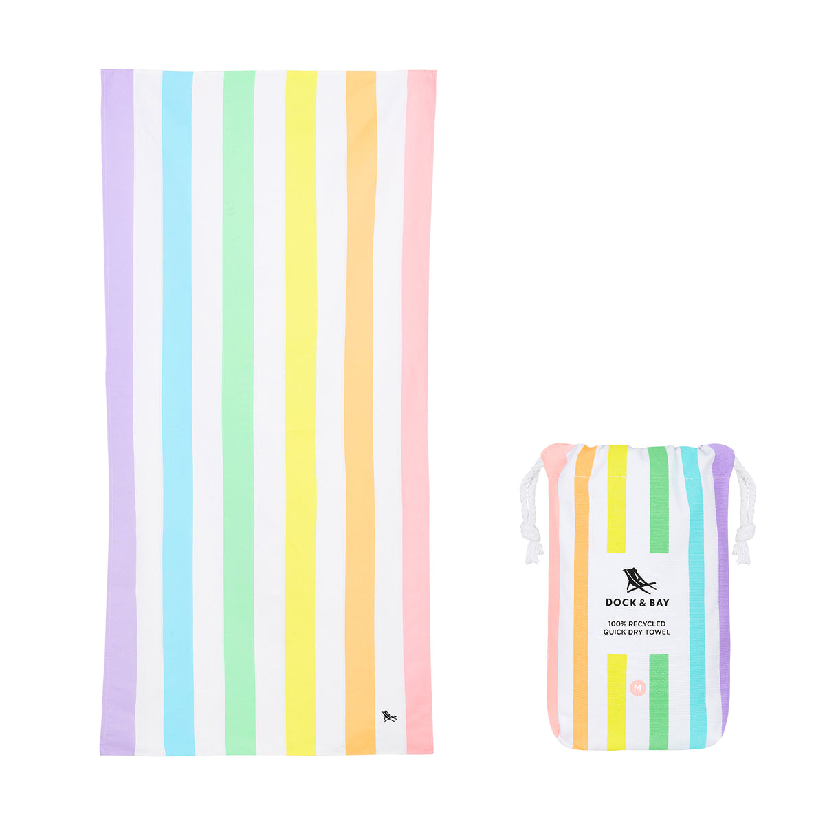 Colorful striped beach towel and pouch with 'Dock & Bay' branding on a white background.