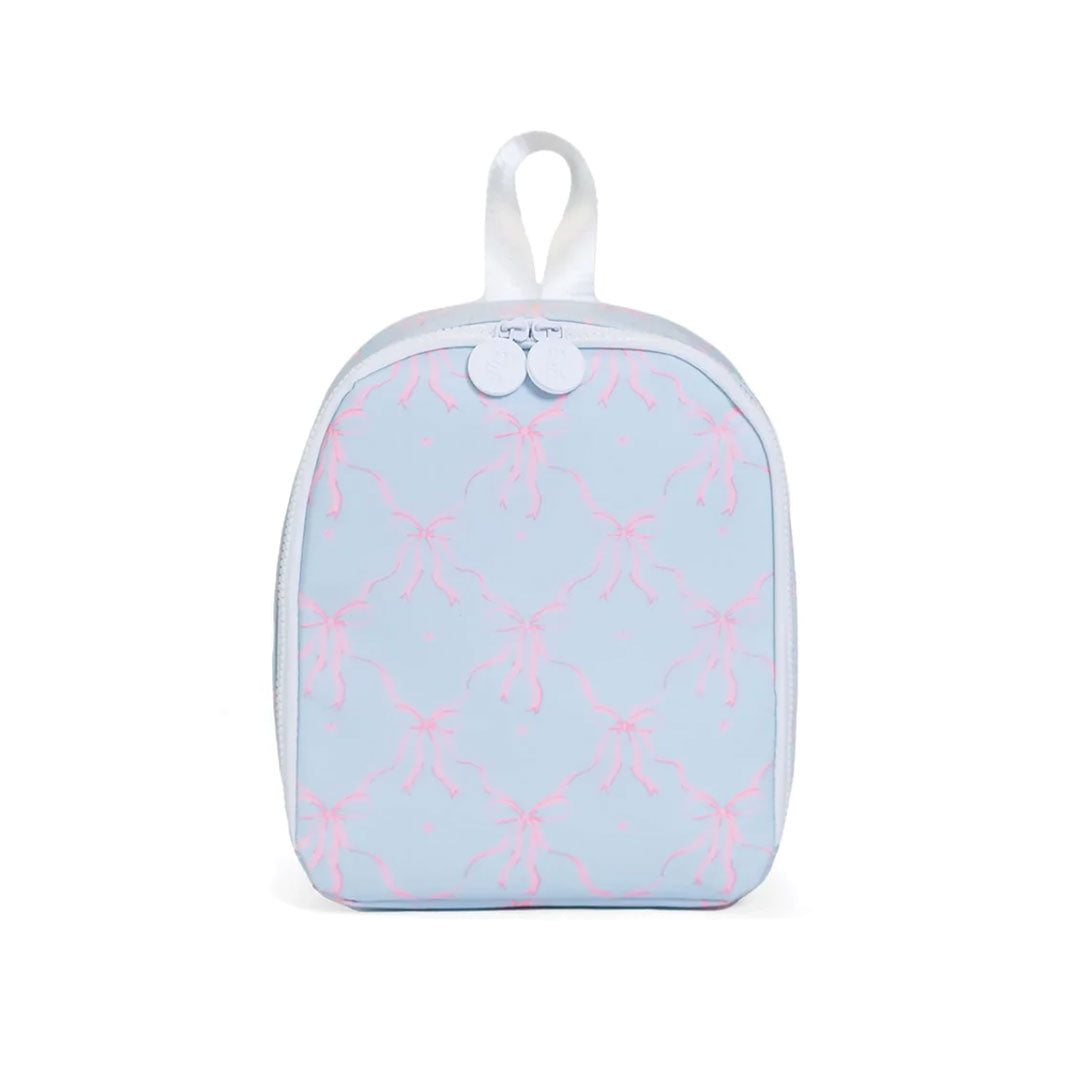 Light blue lunch box with a pink bows pattern on a white background.