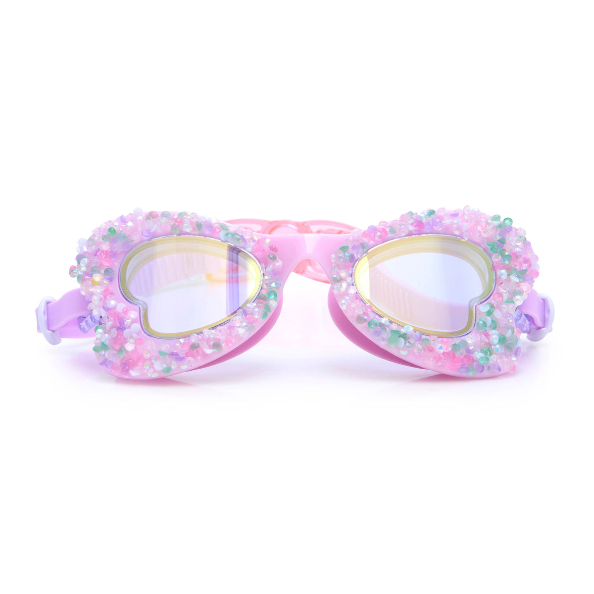 Pink and purple decorative swim goggles on a white background.