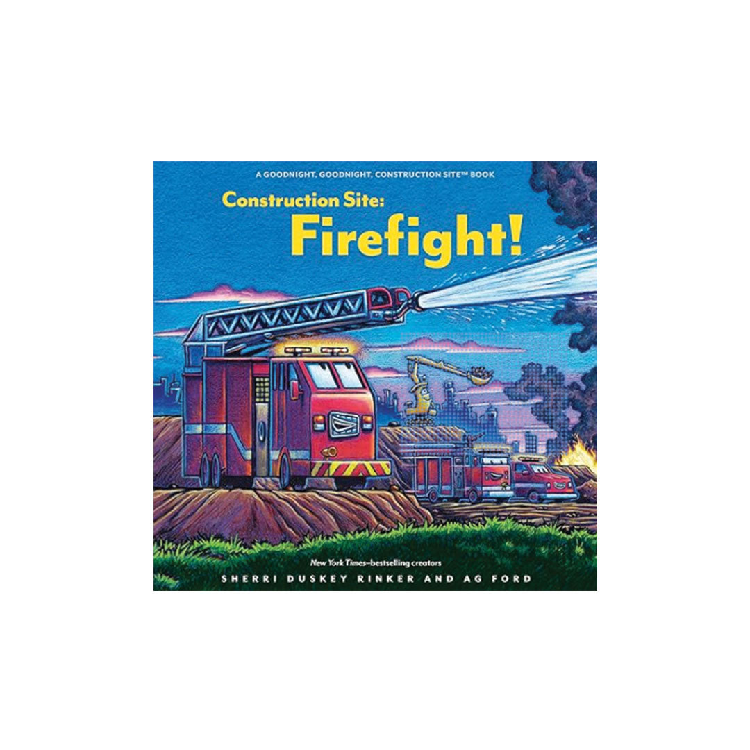 Book cover of 'Construction Site: Firefight!' with a fire truck and construction site illustration.