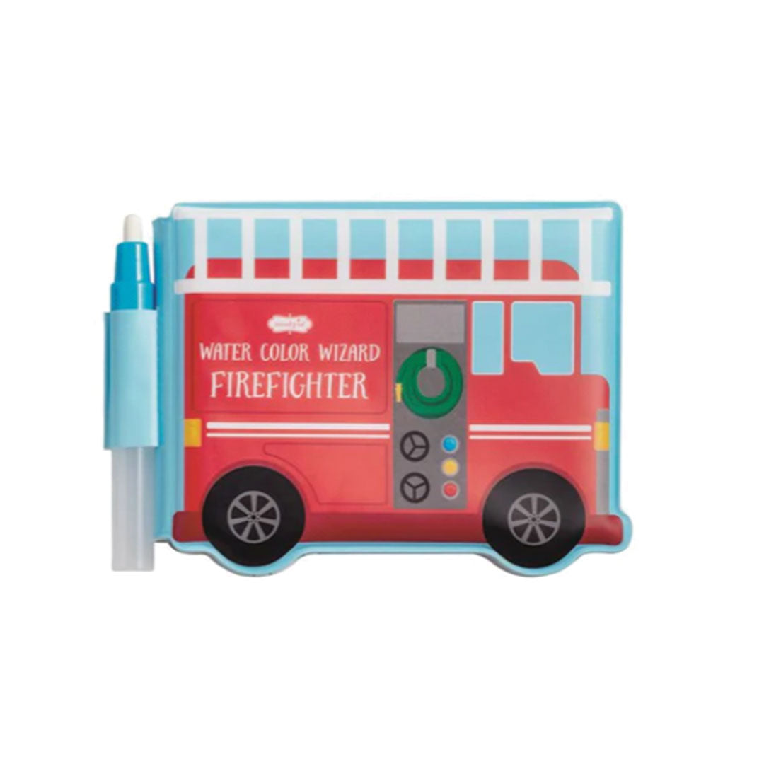 Children's coloring book with a fire truck design on a white background.