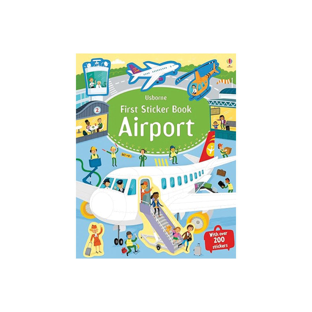 Usborne First Sticker Book: Airport, featuring a colorful cartoon illustration of an airport scene with airplanes, passengers, and ground staff on a white background.