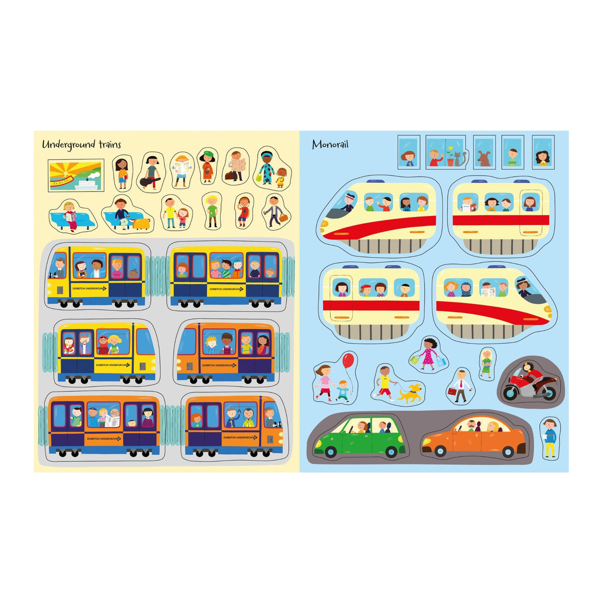 A children's sticker or puzzle sheet showing illustrated trains, cars, pedestrians, and road signs, laid out on a white background with two labeled sections: 'Underground trains' on the left and 'Monorails' on the right.