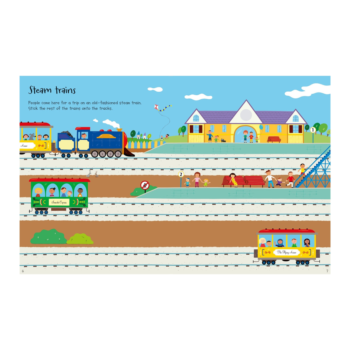 A colorful children's poster titled 'Steam trains' showing illustrated train tracks, a steam locomotive, passenger cars, a station building, and small cartoon people on a white background.