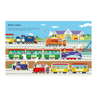 A colorful children's poster or playset page titled 'Steam trains' showing multiple illustrated trains on tracks with a station, people, and small text instructions.