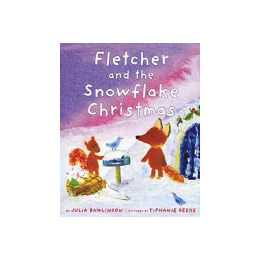 Children's book cover for 'Fletcher and the Snowflake Christmas' by Julia Rawlinson, featuring an illustrated snowy winter scene with a fox, squirrel, bird, and snowflakes against a purple and pink sky.