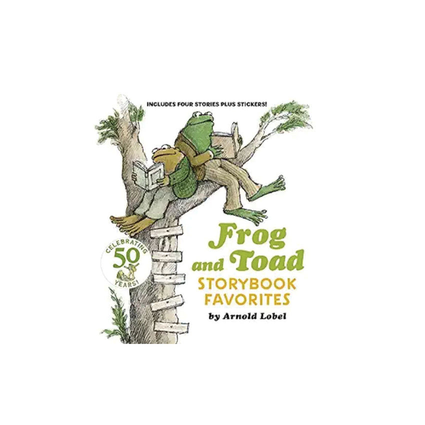 Frog and Toad Storybook Favorites book cover by Arnold Lobel, featuring an illustration of a green frog sitting on a tree trunk reading a book, with the title in green and yellow text on a white background.