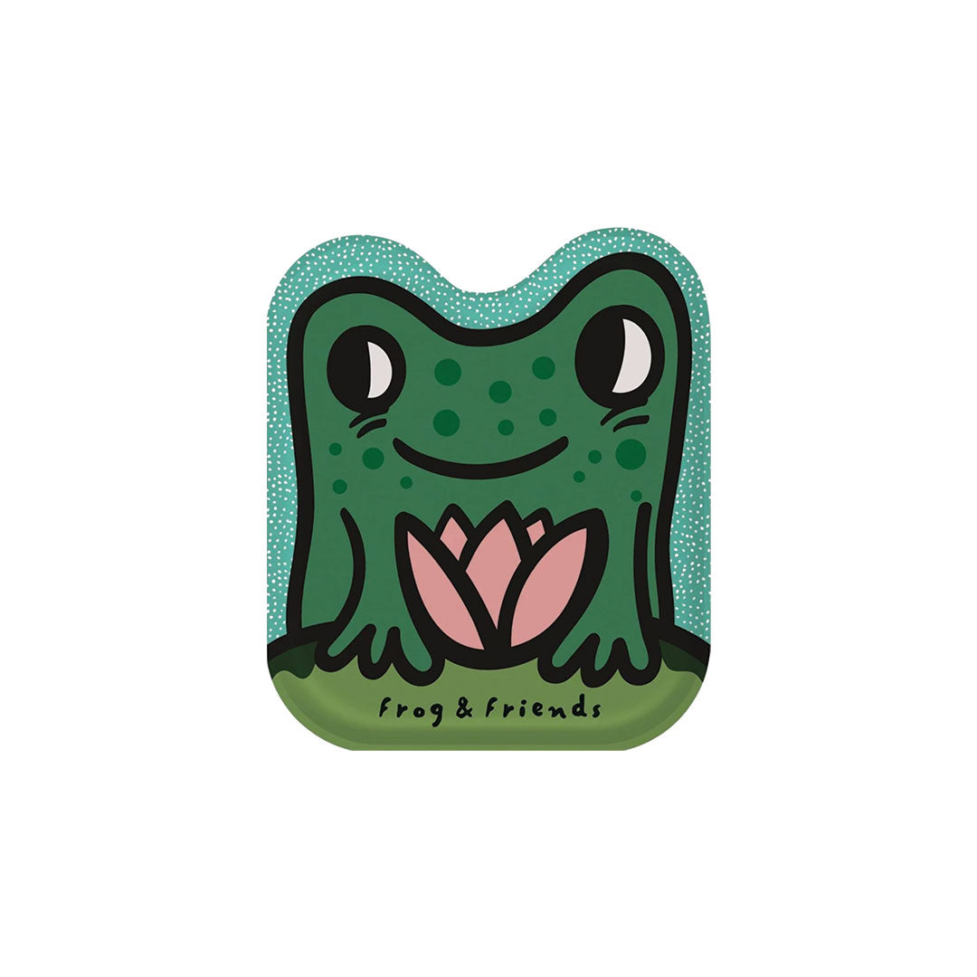 Bathtub book with green frog-shaped cushion with a pink flower