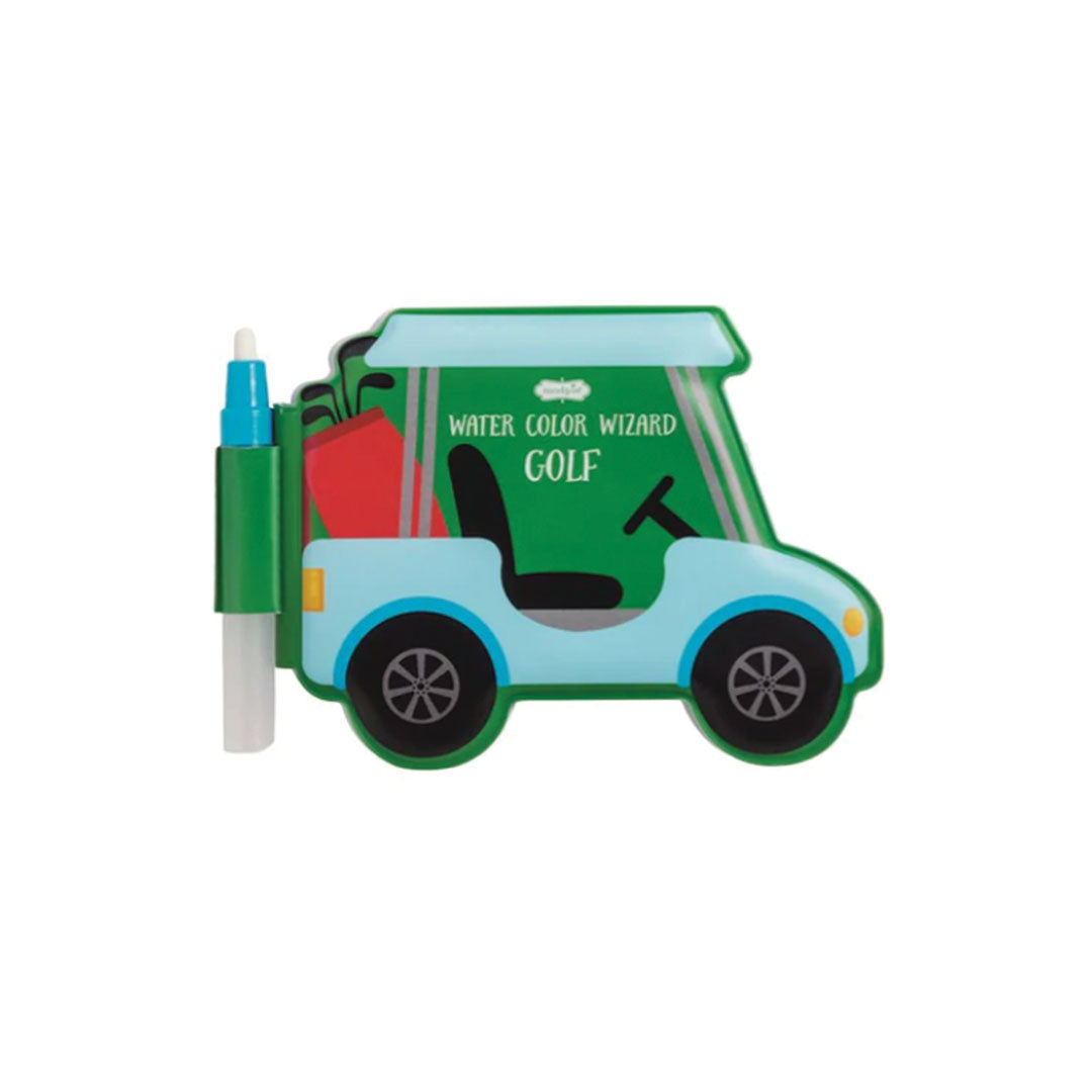 Golf cart-shaped coloring book with a pen on a white background.