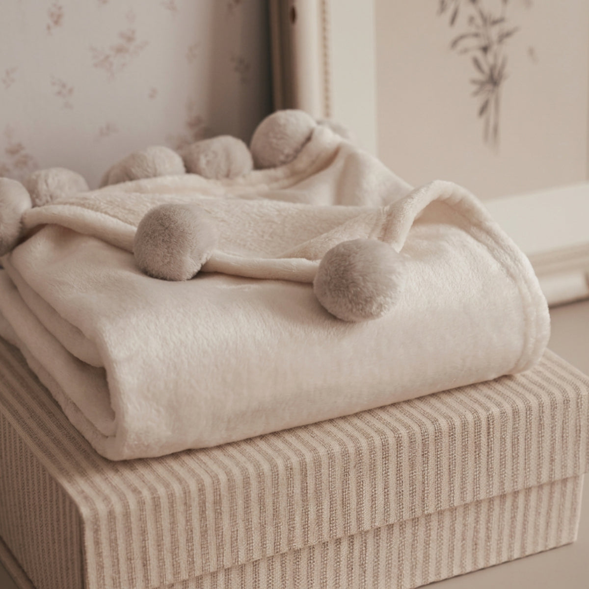 Gray Pom Fleece Blanket