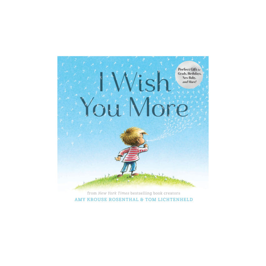 Children's book cover for 'I Wish You More' by Amy Krouse Rosenthal and Tom Lichtenheld, featuring an illustration of a child blowing a stream of confetti against a light blue sky.