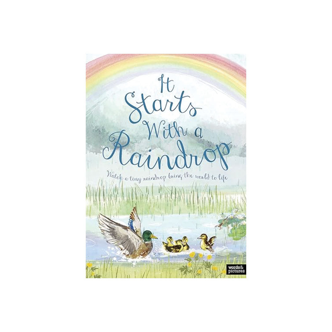 Book cover with ducks, rainbow, and text 'It Starts With a Raindrop' on a white background.