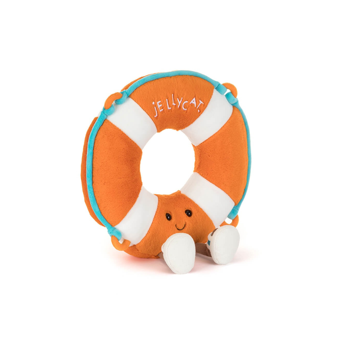 Plush toy shaped like a life preserver with a smiling face on a white background, branded 'Jellycat'.