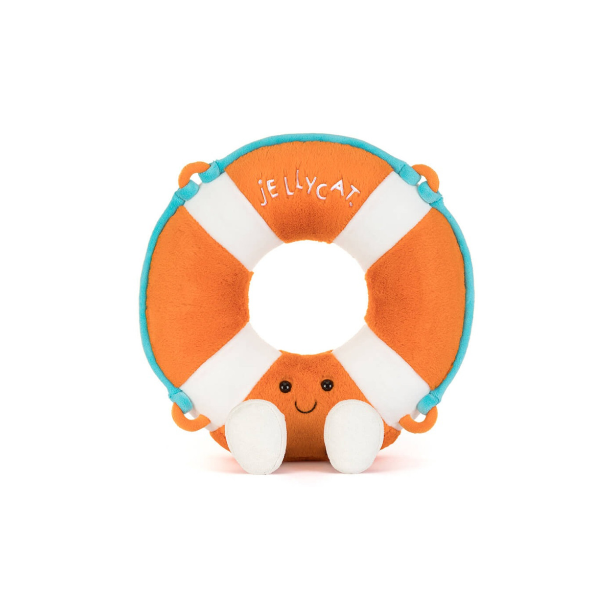 Plush toy life preserver with a smiling face on a white background, featuring the Jellycat brand.