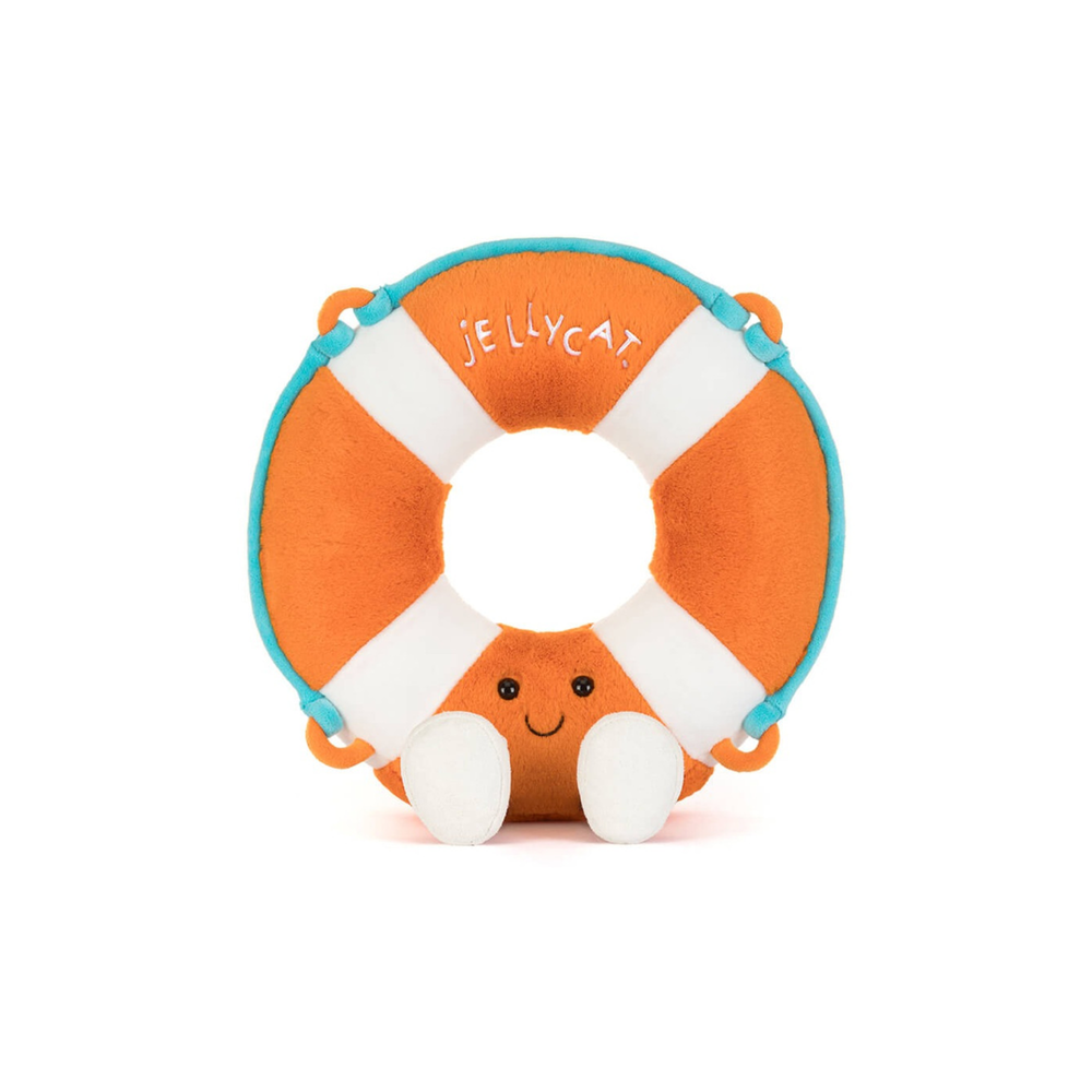 Plush toy life preserver with a smiling face on a white background, featuring the Jellycat brand.