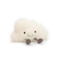 White cloud stuffed toy with legs, eyes and a smile on a white background.
