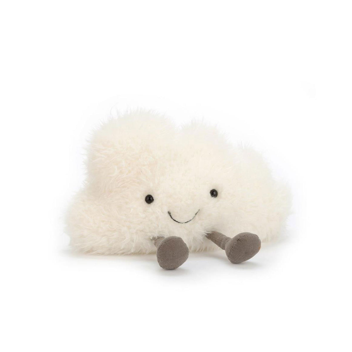 White cloud stuffed toy with legs, eyes and a smile on a white background.