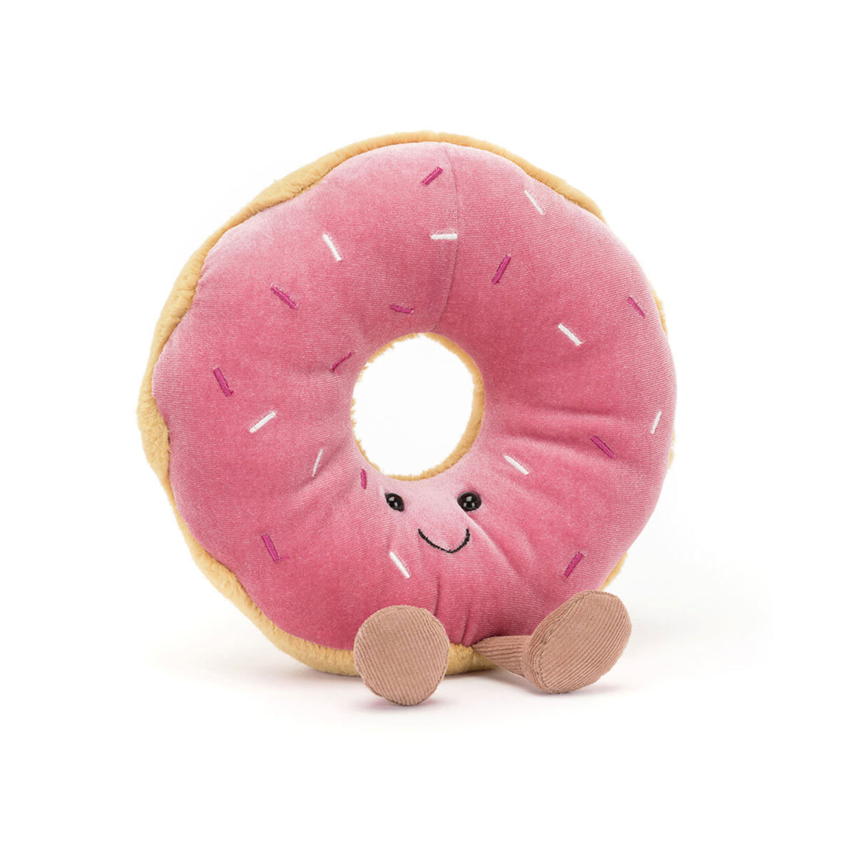 Pink plush donut toy with a smiling face 
