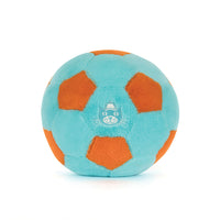 A plush soccer ball toy with light blue and orange panels, featuring a white cat face logo in the center, set against a plain white background.