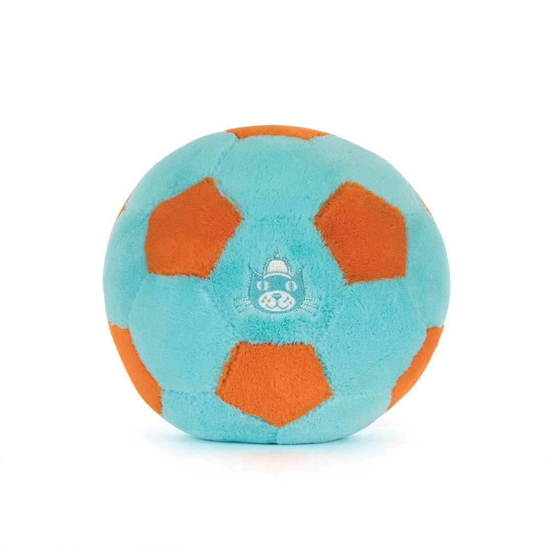 A plush soccer ball toy with light blue and orange panels, featuring a white cat face logo in the center, set against a plain white background.