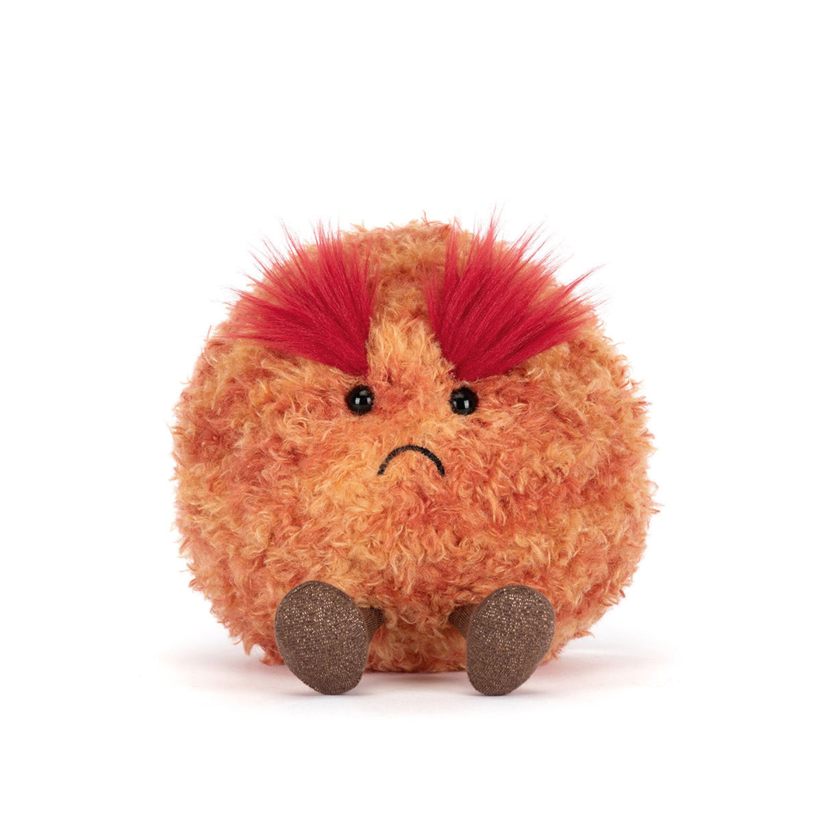 Plush toy resembling the planet Mars with red hair on a white background.