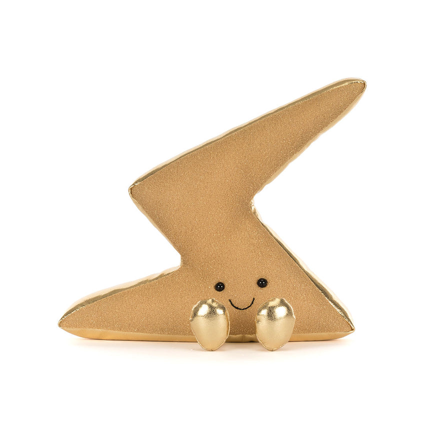 A bolt of lightening stuffed toy shown on a white background.