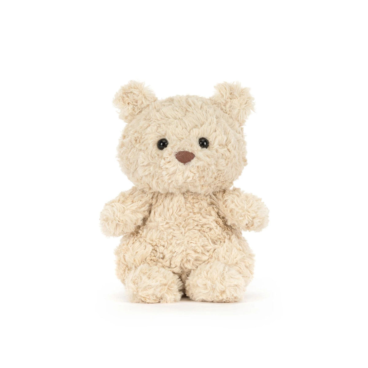 A small beige curly-fleece teddy bear plush toy with black bead eyes and a brown stitched nose, centered on a plain white background.
