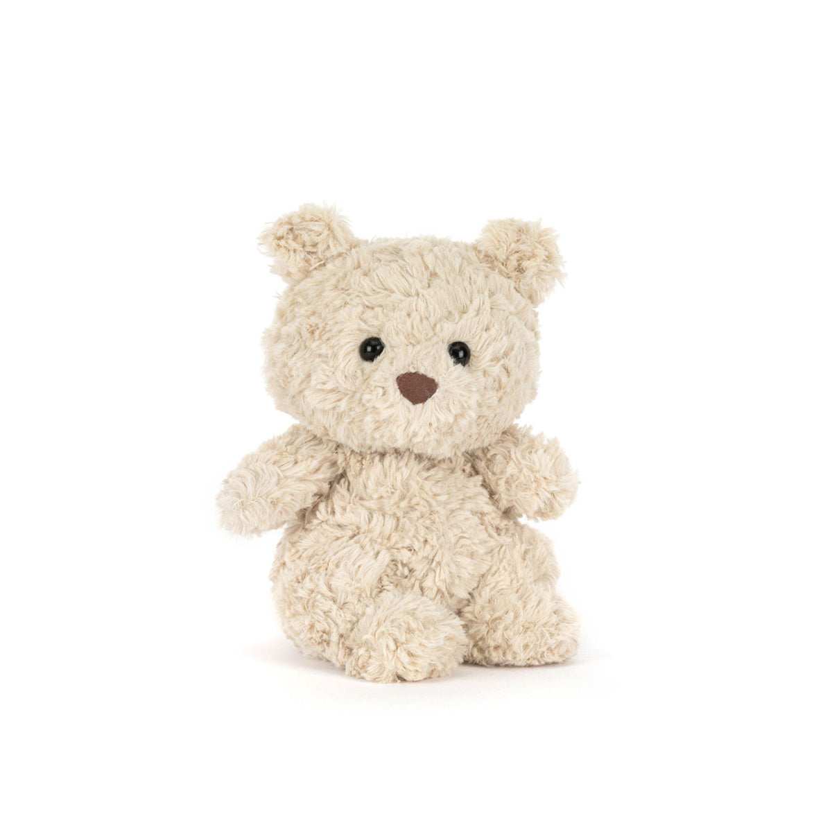 A small beige curly-fleece teddy bear plush toy with black bead eyes and a brown stitched nose, sitting against a plain white background.