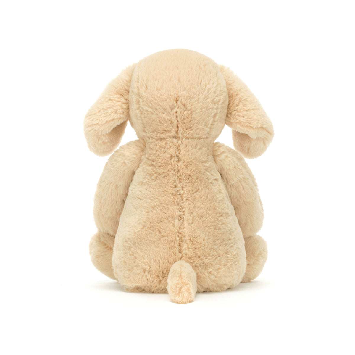 Back view of beige plush bunny toy on a white background.