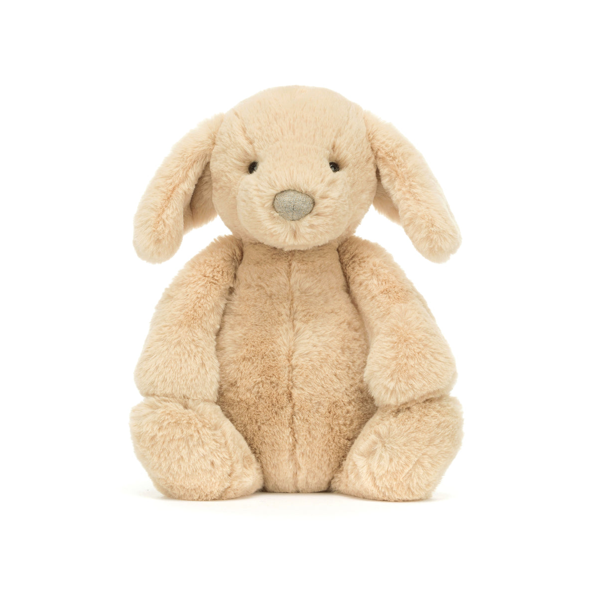 Beige plush bunny toy on a white background.