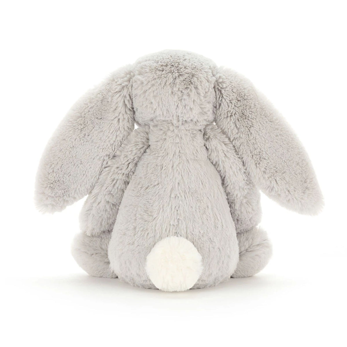 Back view of a  light silver gray plush bunny toy shown from the back, featuring floppy ears, a soft textured body, and a contrasting white circular tail, photographed on a clean white background.