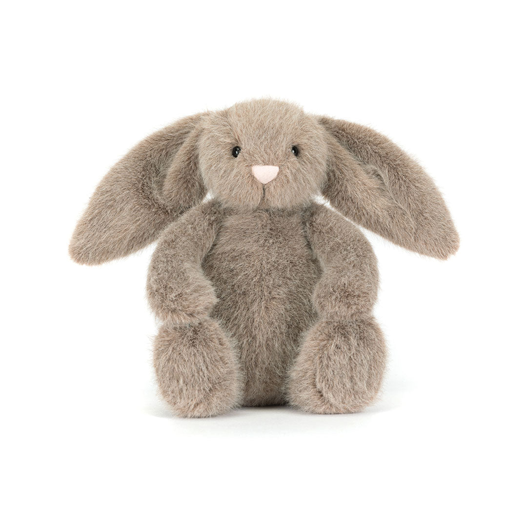 A plush stuffed bunny toy in a warm taupe-gray color, sitting upright against a clean white background.