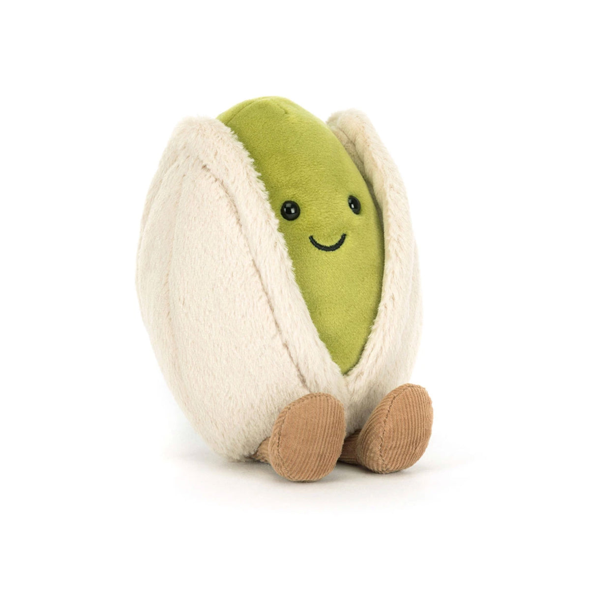 Side view of plush pistachio toy in its shell 