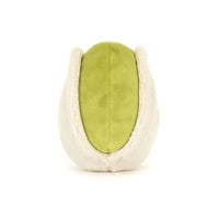 Back of plush pistachio toy in its shell 