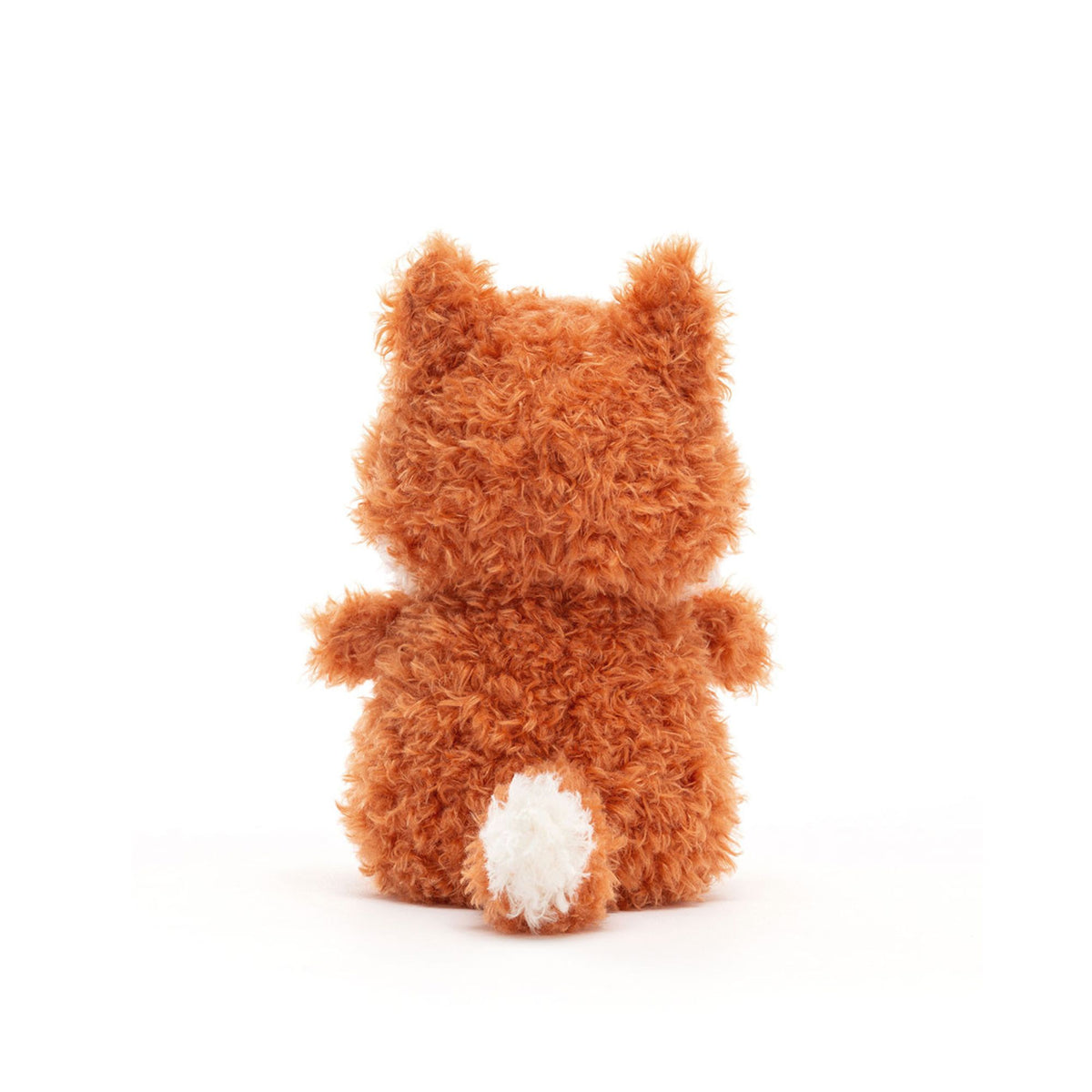 Back of a small orange fox plush toy on a white background.