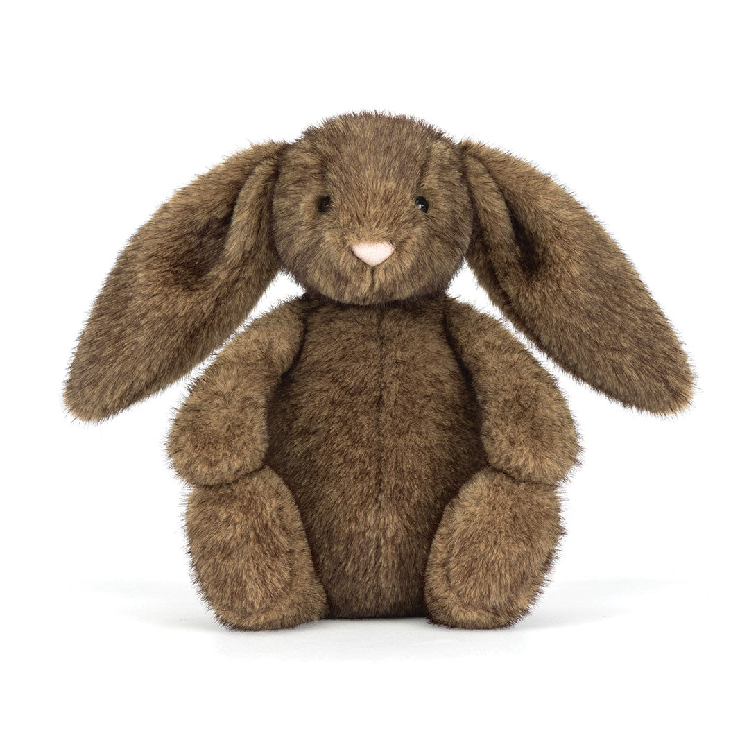 Front view of brown plush bunny toy on a white background