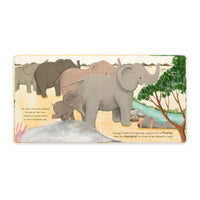 Pages of Smudge the Littlest Elephant' with illustrations and text of elephants in the wild on a white background.