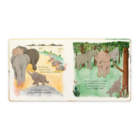 Pages of Smudge the Littlest Elephant' with illustrations and text of elephants on yellow and green backgrounds.