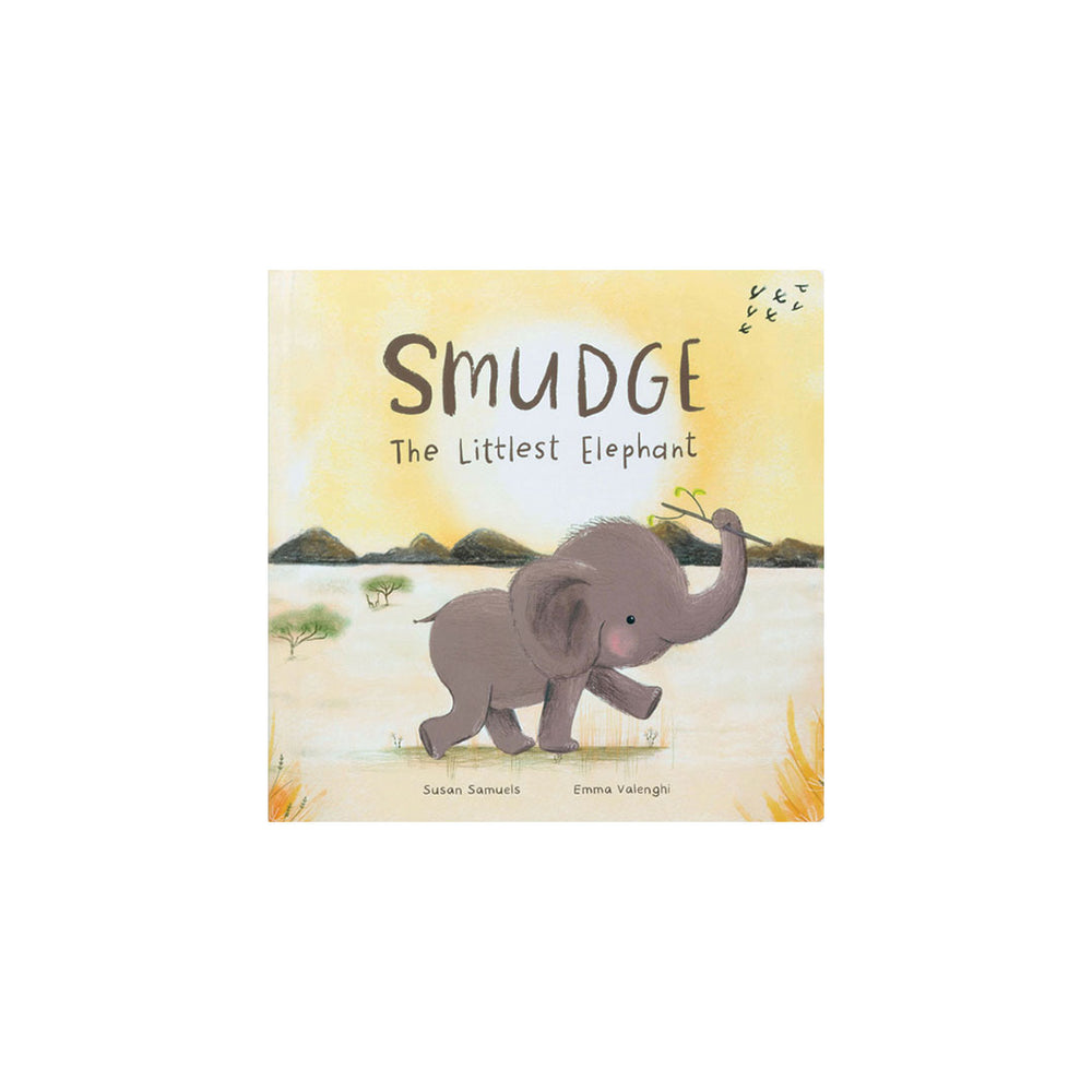 Book cover of 'Smudge the Littlest Elephant' with an illustration of an elephant on a yellow background.
