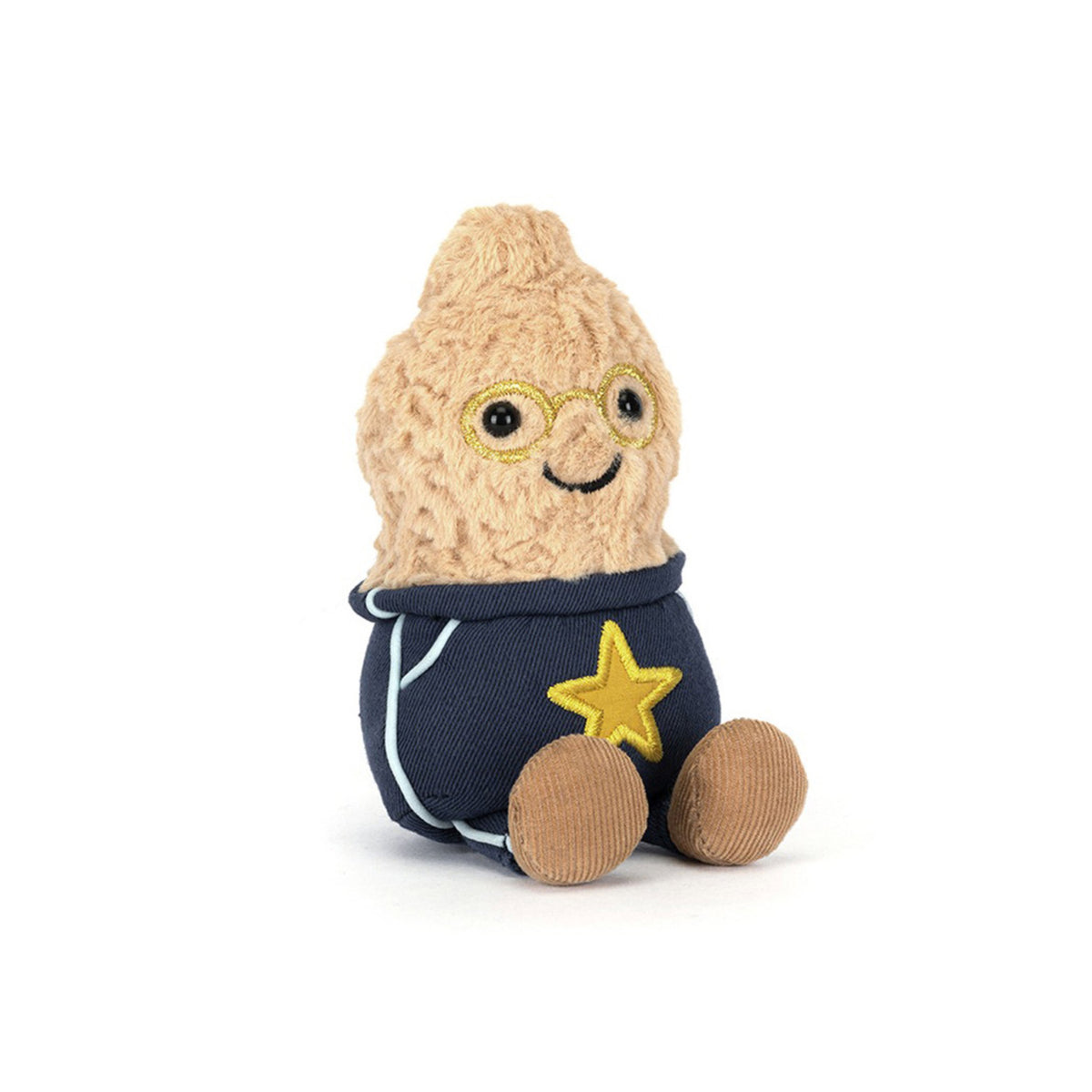 Side view of plush toy peanut in star student outfit - navy outfit with gold star 