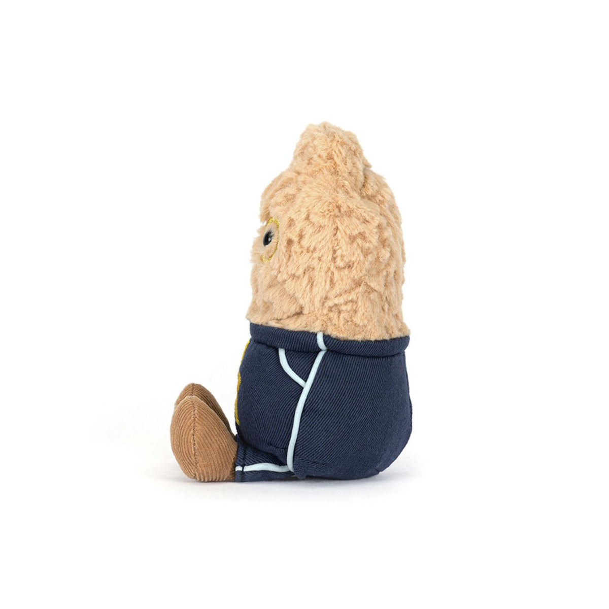 Side view of plush toy peanut in star student outfit - navy outfit with gold star 